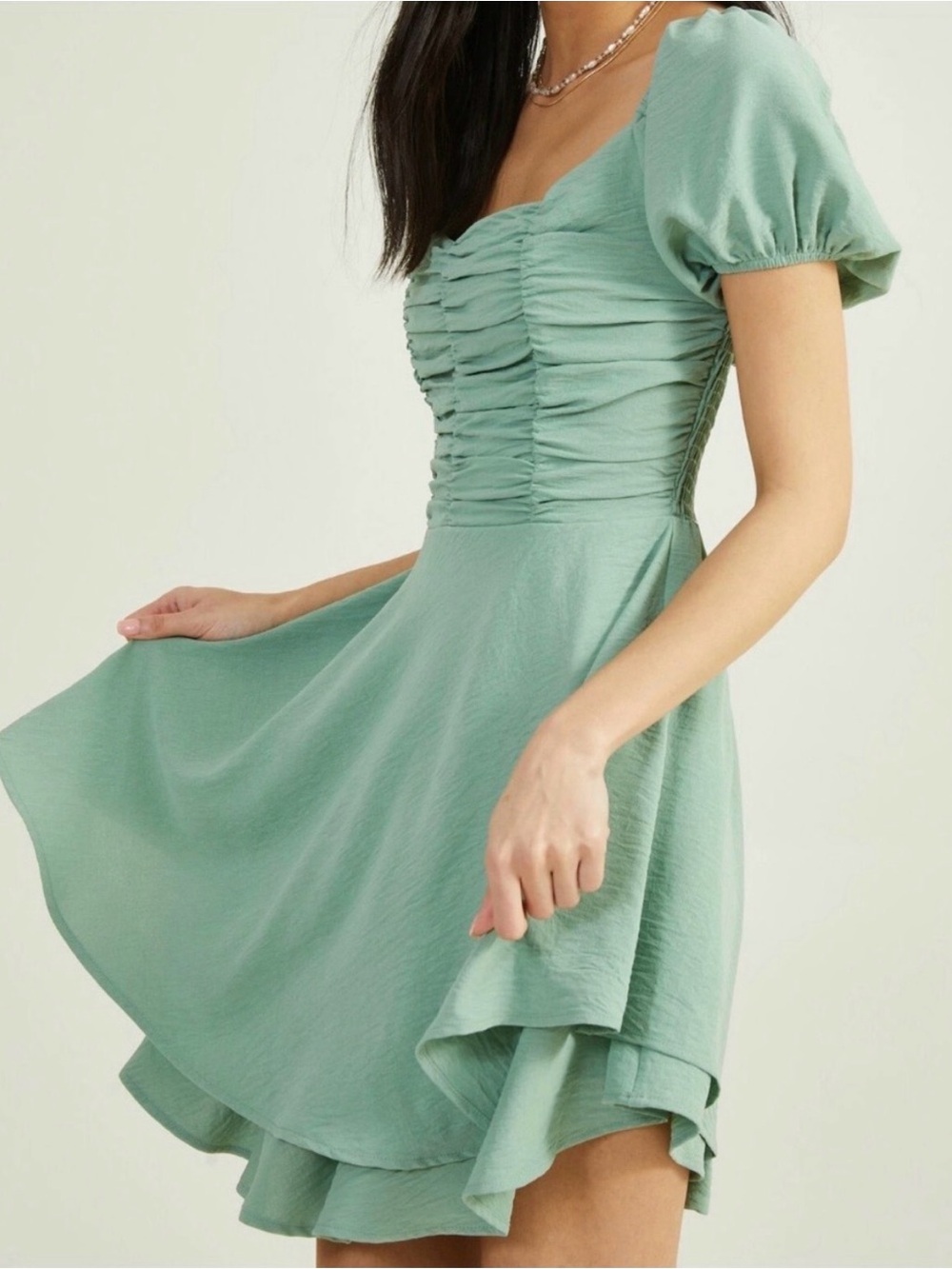 Altar’s State Sage Green Ruched Puff-Sleeve High-Low Dress
